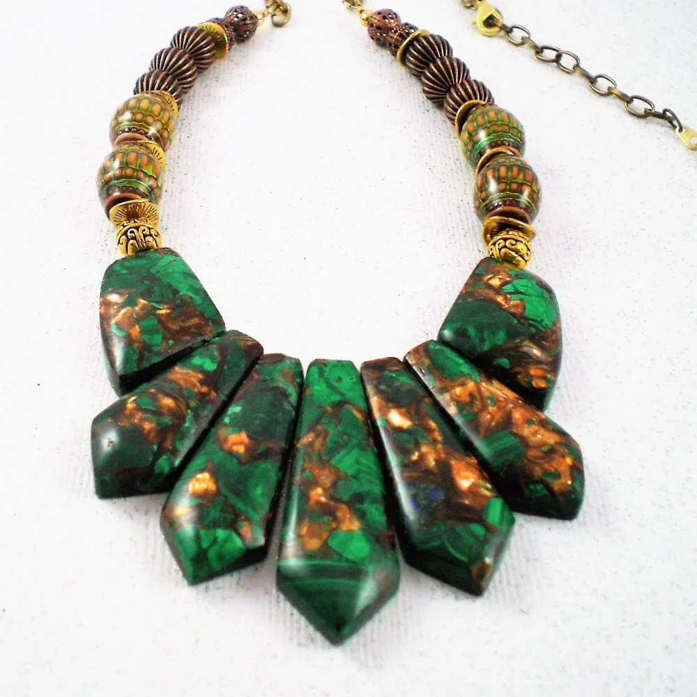 Malachite and Bronzite Gemstone Necklace; Couture, Hand Beaded - Picture 1 of 4